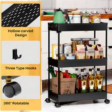Organizadora de 3 niveles con ruedas para baño/cocina, Estante móvil multiusos de almacenamiento y servicio para Hogar Moderno y Minimalista - Negro - Ver 2