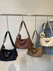 1pc, Versatile Fashion, Niche Design, Shoulder Messenger Bag, Solid Corduroy Fabric Labeling With Hanging Small Bag Decoration, Adjustable Shoulder Strap, Multi-Color Optional Square Bag, Suitable For Ladies' Daily Commuting And Shopping Occasions.