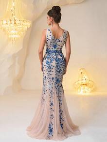 Elegantes Damen Maxikleid mit Pailletten-Patches im Meerjungfrauenstil, glänzendes Blau, geeignet für Gala, Jubiläum, Cocktailparty, Frühling/Sommer/Herbst/Winter