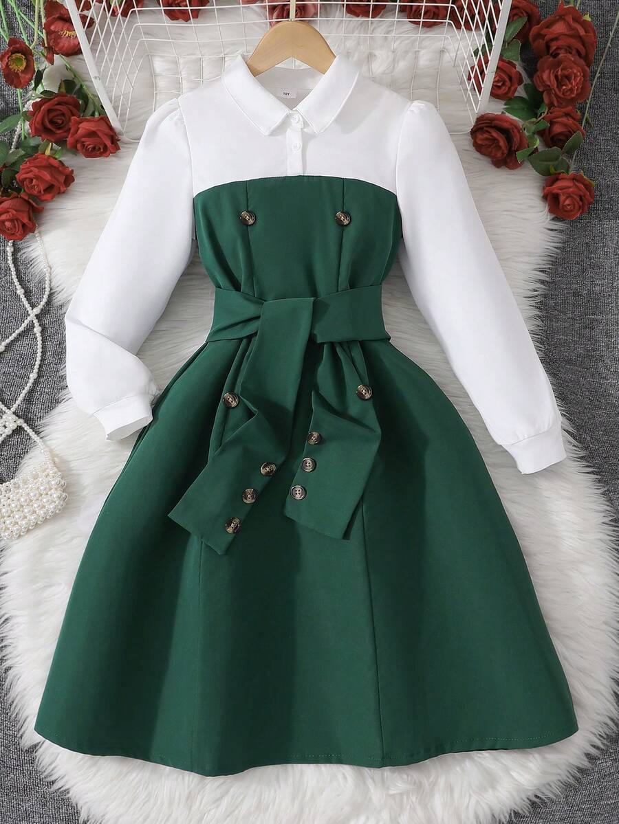 Girls' Green Long Sleeve Collared Button Splice Contrast Color Casual Party Dress