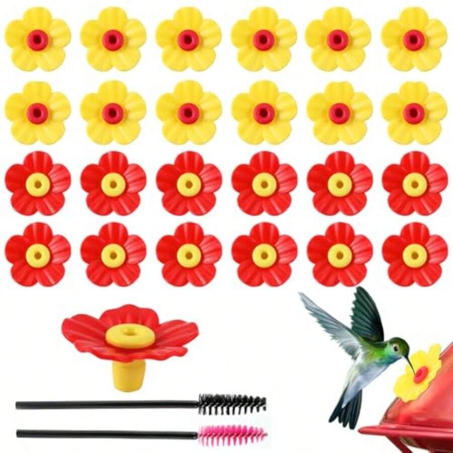 24 Pieces Hummingbird Feeders Replacement Flowers Pet Bird Feeder Replacement Feeding Ports With 2 Cleaning Brushes For Outdoor Hanging Feeders Red+Yellow