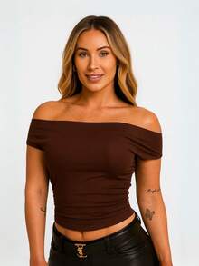 Women's Suplex Blouse Shoulder Basic Premium Elegant Casual T-Shirt Second Skin - Rỉ Nâu - Xem 3