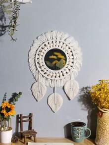 1pc Boho Style Handmade Wooden Bead Woven Wall Hanging Tassel Mirror Decor, Bedroom Home Living Room Entryway Wall Art, Gift For Friends, Wedding - Beige - View 9