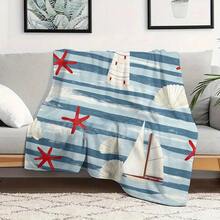Nautische Seestern-, Segelboot- und Leuchtturm-gestreifte Flanelldecke – ultraweich, gemütliche Decke für Bett, Sofa, Stuhl, Camping, Büro & Geschenke – vielseitige Ganzjahresdecke mit nautischem Thema, nautische Wohnkultur |   Maritimes Design |   Weiche Textur, Stranddecke
