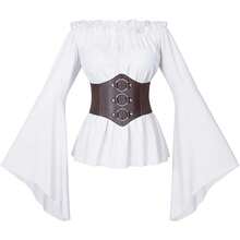 Womens Renaissance Victorian Peasant Ruffle Smocked Waist Boho Pirate Shirt Blouse With Belt Set{"Size_name":"XX-Large","Color_name":"White"} - White - View 4