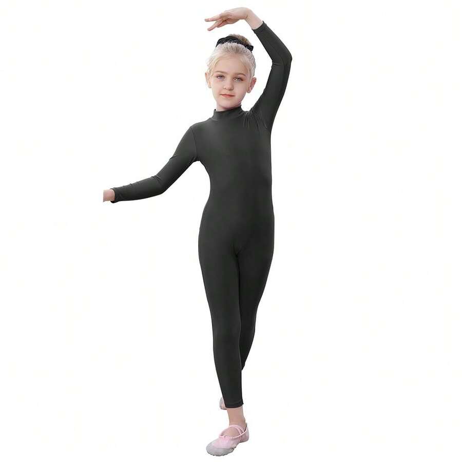 YgneeDom Kids Girls One Piece Spandex Unitards, Long Sleeve Turtleneck Unitard, Full Body Catsuit, Dance Leotard Costumes{"Color_name":"Black","Size_name":"X-Smal"} - Black - 查看 1