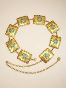 Cadena para la cintura estilo bohemio con turquesa, cadena metálica delicada y vintage con diseño cruzado, cinturón de cintura bohemio de aluminio, adecuado para todas las estaciones