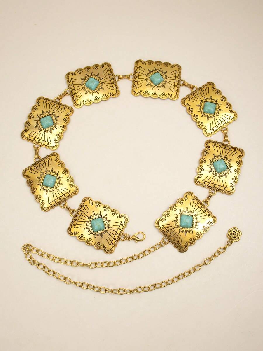 Cadena para la cintura estilo bohemio con turquesa, cadena metálica delicada y vintage con diseño cruzado, cinturón de cintura bohemio de aluminio, adecuado para todas las estaciones