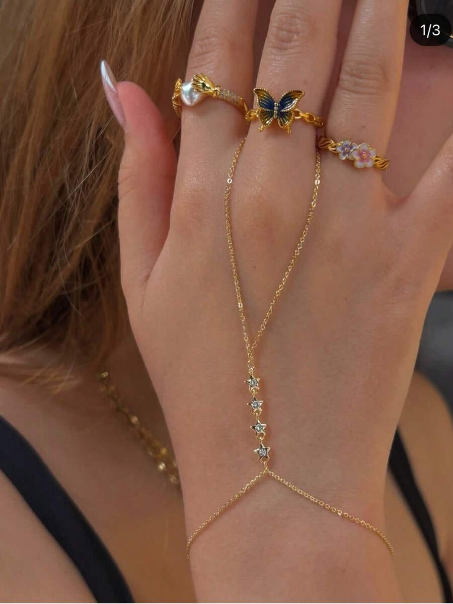 1 Bộ vòng tay xích đeo ngón tay đính đá Cubic Zirconia lấp lánh thanh lịch, thích hợp cho trang phục hàng ngày của phụ nữ, tiệc đêm, tụ tập - Vàng - Xem 1