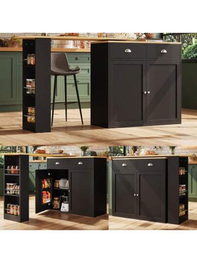 360° Rotating Dining Table, Modern, Multifunctional Storage, Bedroom, Living Room, Sideboard Cabinet Drawers, Doors, Side Shelves, Zwart