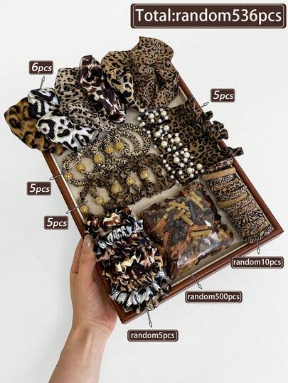 536pcs Women's Fashionable Leopard Print Style Faux Pearl Large Intestine Hair Ring Headband Set, Suitable For Multi-Hair Style Hair Ponytail, Small Braid Hair Ring, Gift Hair Accessories For Girlfriend
