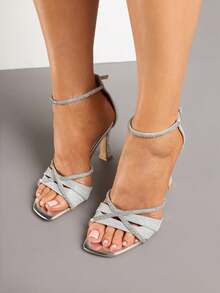 High-Heel Sandals Decorated With Rhinestones - Silver - View 4