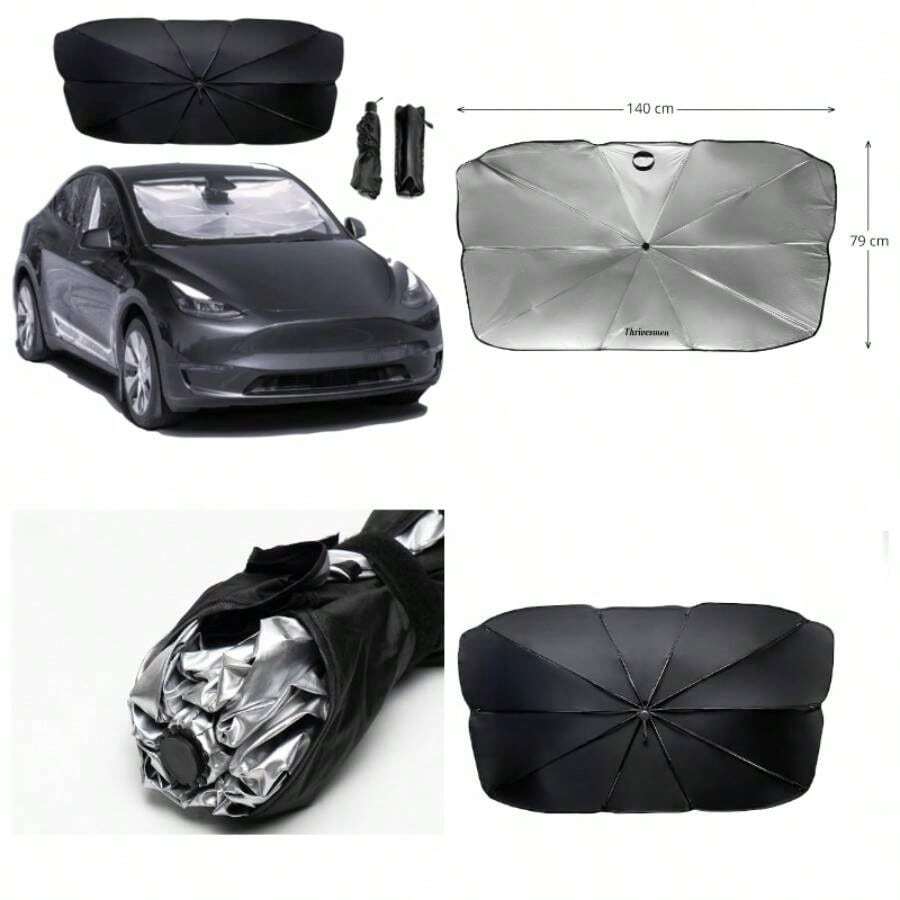 2025 Paraguas para parabrisas de coche, plegable, bloqueador de calor y, visualizacin frontal para coches, SUV, camiones, fcil de instalar, 55x 31 pulgadas, altamente duradero - Plata/Negro - Ver 1