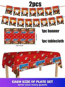 80/10 Sets, Suministros para fiestas con temática de dibujos animados, platos desechables, platos de papel. Incluye platos de 7 pulgadas, platos de 9 pulgadas, vasos de papel, pancartas, manteles desechables y juegos de pañuelos. Adecuado para 10-80 personas, suministros para picnics, fiestas de cumpleaños, campamentos, decoración y actividades de celebración. Regalos para fiestas, despedidas de soltera, decoraciones de restaurantes, utensilios de cocina, clubes, bomberos, Boom, Bang