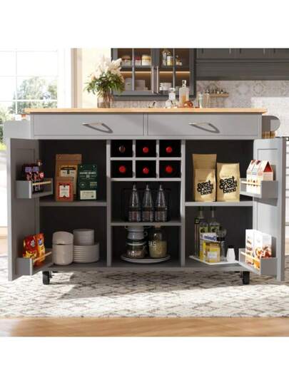 Moderne Kitchen Isl (102*45*92cm), Cabinet, Buffet Dining Cart Wood Grain, Multifunctional Tafel Storage Space, Grijs view 4