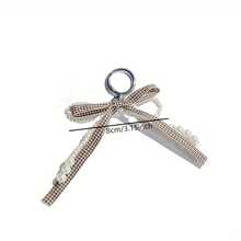 1pc Plaid Bow Keychain With Beaded Detail, Chic Cell Phone Accessory, Simple Bow Design Metal Keyring With Imitation Beads And Charm, Cartoon-Themed Decorative Ladies Ring With Ring