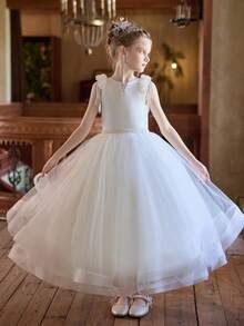 长款优雅白色花童连衣裙，蓬松薄纱女童裙 - 白色 - 查看 7