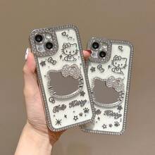 SANRIO 1 chiếc ốp lưng điện thoại Hello Kitty dễ thương có gương, chống sốc, bảo vệ điện thoại tương thích với iPhone 16/15/14/13/12/11/8/7/X/Pro, Pro Max - Món quà tuyệt vời cho các bạn gái, sinh nhật, Ngày Valentine. - Bạc - Xem 3