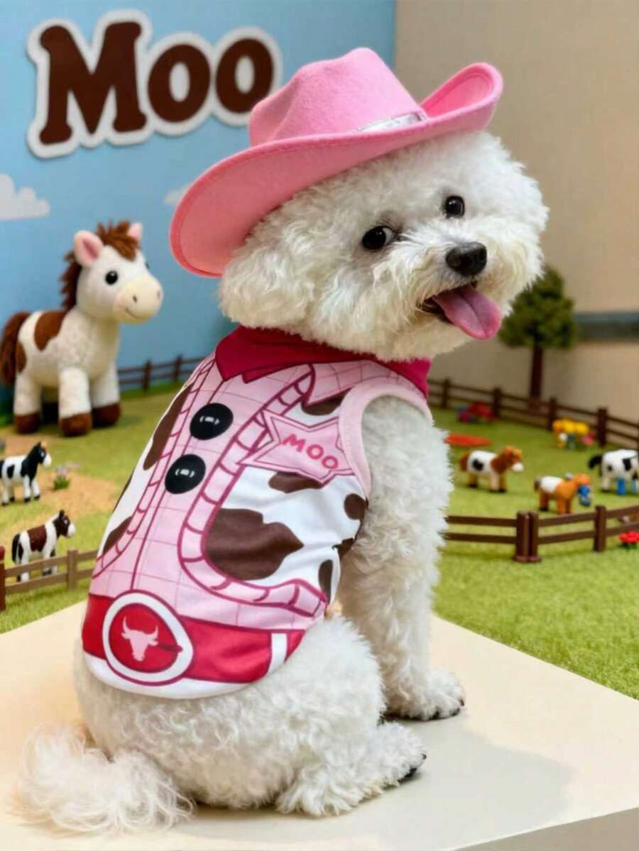 LUCKIE LABO 1 件粉色可爱牛仔印花无袖宠物背心，防跳蚤，减少掉毛，保暖透气，适合猫狗室内/室外使用 - 彩色 - 查看 1