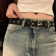 Five-Pointed Star Buckle Belt Full Star Hole Women's Hot Girl Black Belt Decorative Thin Belt With Unique Design, Suitable For Travel And Walking - 黑色 - 查看 3