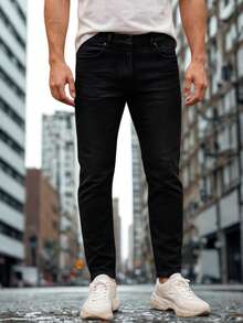 Pantalon Jeans Regular Fit Para Hombre de Mezclilla Strech Comodo Casual Formal e Informal Salidas de Noche y de Dia Moda - Negro - Ver 1