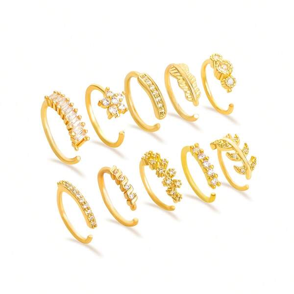 8 قطع من الأنف المرصع بالماس على شكل أوراق وزهور على الطراز الأوروبي والأمريكي، إحساس راقي، طراز بسيط وعصري، بدون ثقب للأنف (الطراز عشوائي)