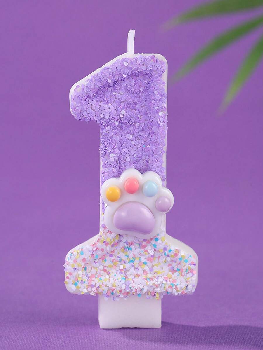 1pc Purple And White Sequined Cat Paw Number Candles [0-9] For Birthday ...