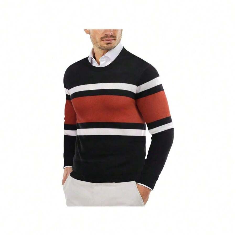 Men's Crew Neck Sweater Slim Fit Lightweight Sweatshirts Knitted Pullover For Casual Or Dressy Wear - 黑色/鐵鏽紅色 - 查看 1