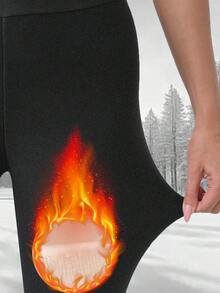Calça térmica feminina de inverno com forro térmico, leggings confortáveis e quentes, 350g, super grossa, à prova de frio, cintura alta, estilo esportivo casual elástico, não restritiva, tecido respirável, ajuste justo, resistente ao frio e quente - Preto - Ver 5