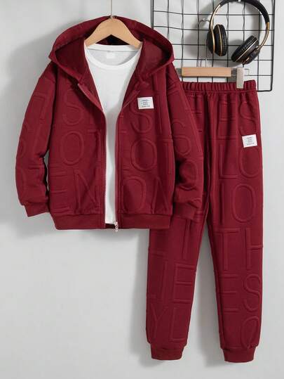 2pcs Boys Casual Solid Color Zipper Hoodie Jacket And Pants Set, Suitable For Spring And Autumn