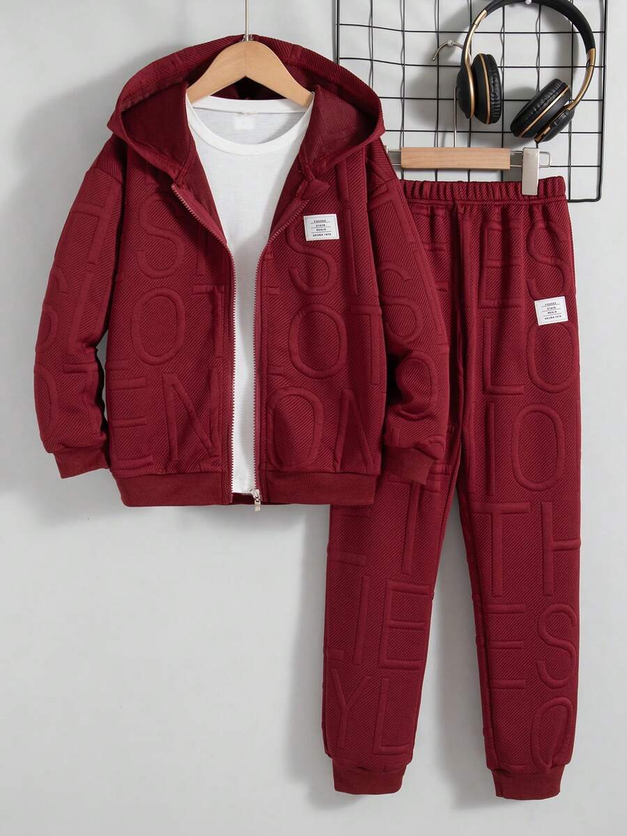 2pcs Boys Casual Solid Color Zipper Hoodie Jacket And Pants Set, Suitable For Spring And Autumn - Burgundy - View 1