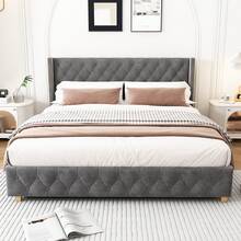 Upholstered Bed 160*200cm With Slatted Frame And Headboard, Button Upholstery, Rivet Upholstery, Wooden Legs, Linen