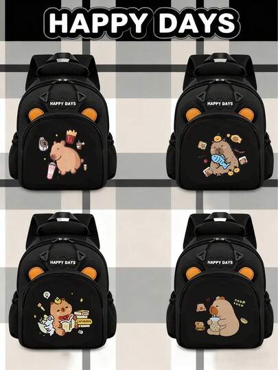 1件新款可爱水豚卡通印花背包，可爱卡通印花充满童趣，拉链开合设计，可调节肩带，不勒颈，耐磨面料，便携轻便。适用于上学、户外活动等场景，可轻松容纳日常必需品。