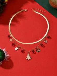 1pc Christmas Celebration Double Layer Women's Pendant Necklace, Fashionable Metal Flat Snake Chain With Christmas Tree, Bell, Wreath, Reindeer Multi-Element Pendant Combination Choker, Holiday Party Elegant Gift Jewelry