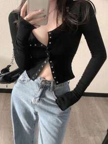 Women's Autumn Simple Solid Color Front Button Fitted Long Sleeve T-Shirt Casual Black Spring - Black - View 5