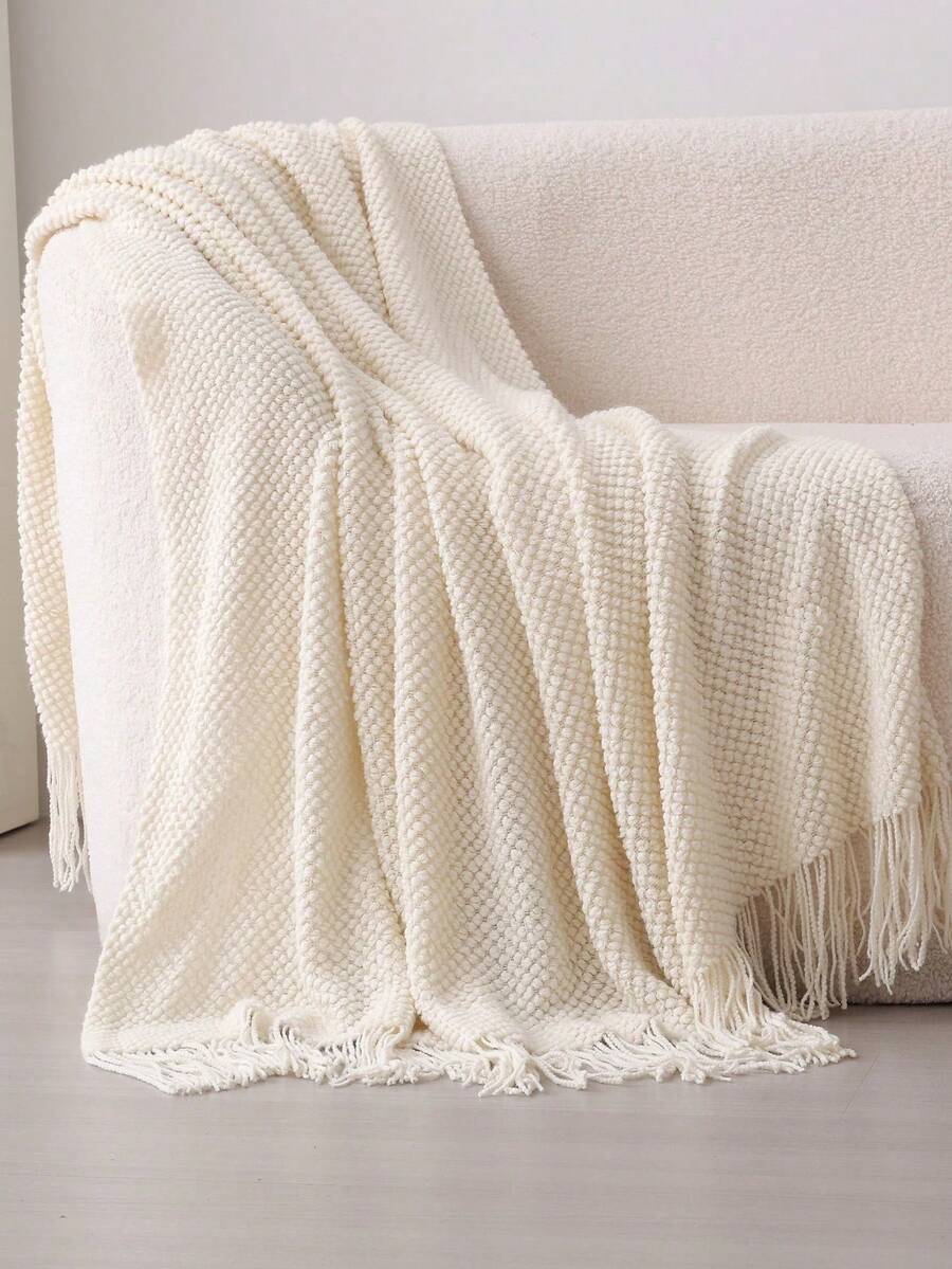 A Knitted Blanket, Nordic Style Rectangular Tassel Office Nap Sofa Blanket, Air Conditioning Blanket, Shawl Cover Blanket, Bed Tail Blanket Suitable For Daily Use - 玉米粒米色 - 查看 1