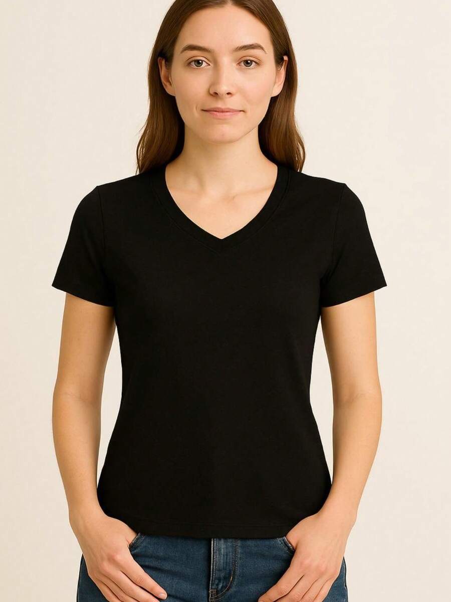 Women's Basic Short Sleeve V-Neck Blouse - Black - View 1