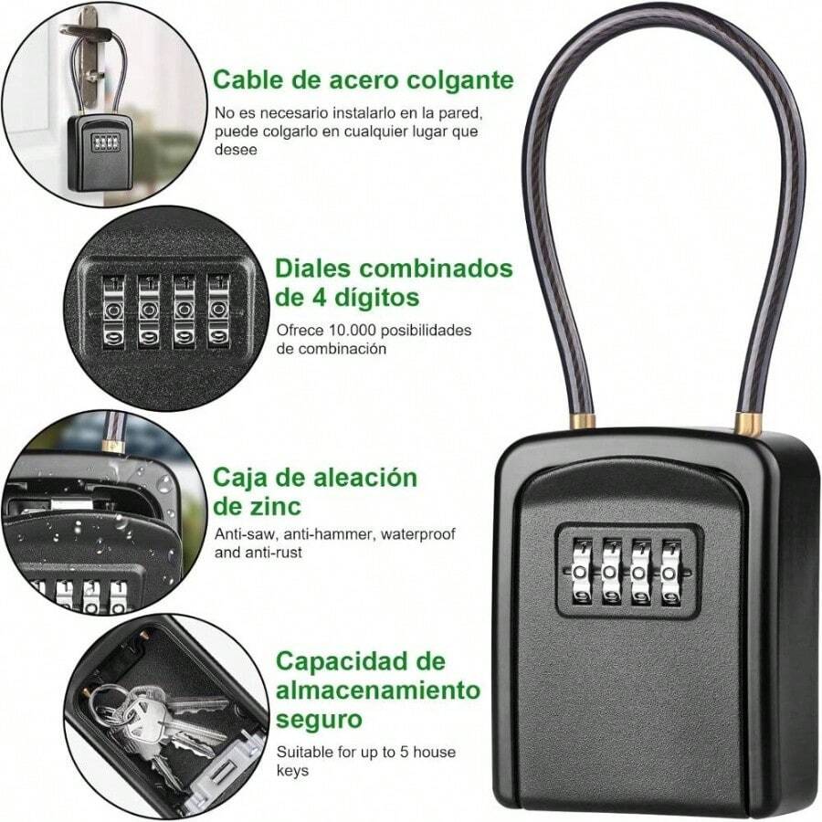 Caja para Llaves con Cuerda de Alambre, Impermeable Caja de Seguridad para Llaves, Porttil Caja de Bloqueo para Llaves al Aire Libre, Caja para Llaves de 4 Dgitos para Hogar Exterior Oficina - Cuerda Negro - Ver 1