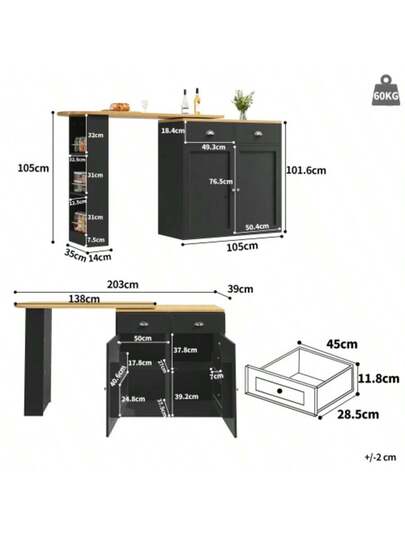 360° Rotating Dining Table, Modern, Multifunctional Storage, Bedroom, Living Room, Sideboard Cabinet Drawers, Doors, Side Shelves, Zwart view 2