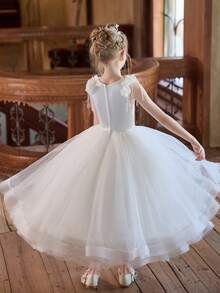 长款优雅白色花童连衣裙，蓬松薄纱女童裙 - 白色 - 查看 6