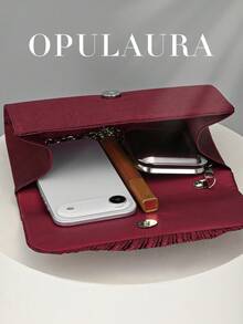 OpulAura 闪亮金属翻盖手拿包，奢华皮革晚宴包，闪亮正式手拿包，适合晚会、派对、婚礼、生日 - 适合正式礼服、伴娘、生日礼物 - 酒紅色 - 查看 4