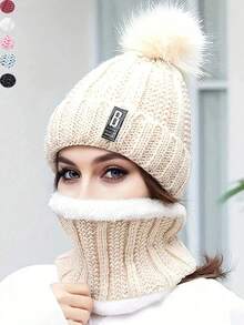 Dwuczęściowy damski zimowy beret i szalik z wełnianą podszewką z pomponem – oddychający, elastyczny, zapinany na zamek błyskawiczny, nadający się wyłącznie do prania ręcznego, idealny na jesień, prezenty świąteczne i dekoracje świąteczne