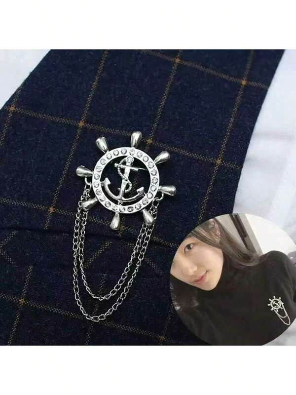 1 pieza Broche de ancla con strass, elegante insignia de timón de marina, casual