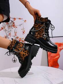 Women's Winter New Solid Color Patchwork Lace-Up Butterfly Metal Chain Side Zipper Thick Heel Ankle Boots, Punk Style Fashion Versatile Casual High Heel Booties