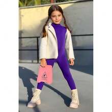 YgneeDom Kids Girls One Piece Spandex Unitards, Long Sleeve Turtleneck Unitard, Full Body Catsuit, Dance Leotard Costumes{"Color_name":"Purple","Size_name":"Small"} - 紫色 - 查看 3