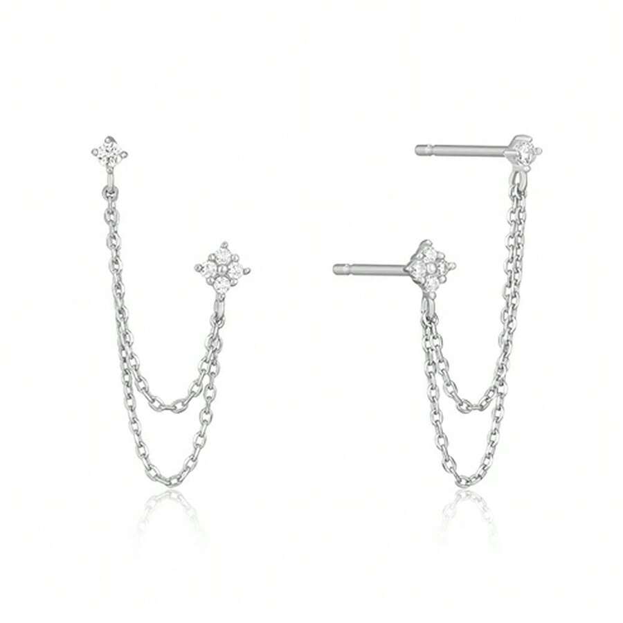 1 Pair Double Piercing Chain Earrings, Crystal Star & Flower Ear Connector, Two-Tone Options Gold & Silver, Layered Ear Jewelry - 銀色 - 查看 1