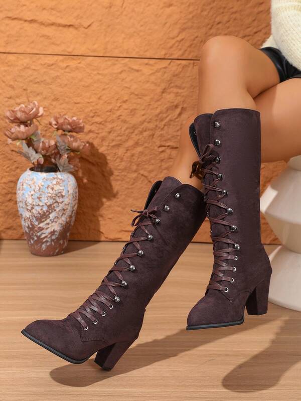 2025 Herbst/Winter Mode Pendler Stil Kniehohe Stiefel, einfarbige Stiefel mit quadratischer Zehenkappe und Plateauabsatz, mit Metallösen, elegant für alle Jahreszeiten, geeignet für Dates, Einkaufen, Pendeln, Partys - Valentinstag, Weihnachten