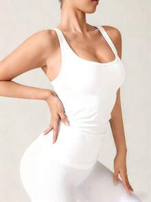 4-Season Versatile U-Neck White Backless Camisole, Fitted Breathable Outer/Inner Wear, Fashionable Racerback Sleeveless Top With Chest Pads, Casual Sports Tank - White - View 6