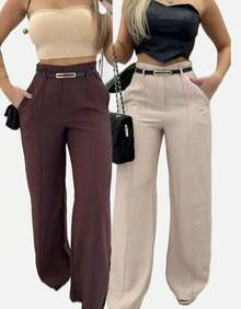Kit 2 Women's Wide Leg Pants With Belt - 米色/酒紅色 - 查看 5