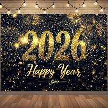 1 件 2026 新年快乐横幅背景 - 闪亮的金色数字和五彩纸屑设计 - 大型黑白派对装饰，适用于家庭、办公室、婚礼、生日活动，多种尺寸，多用途派对背景，适合男女通用装饰、室内外装饰、摄影工作室、花园装饰、派对装饰和电话亭。 - 彩色 - 查看 1